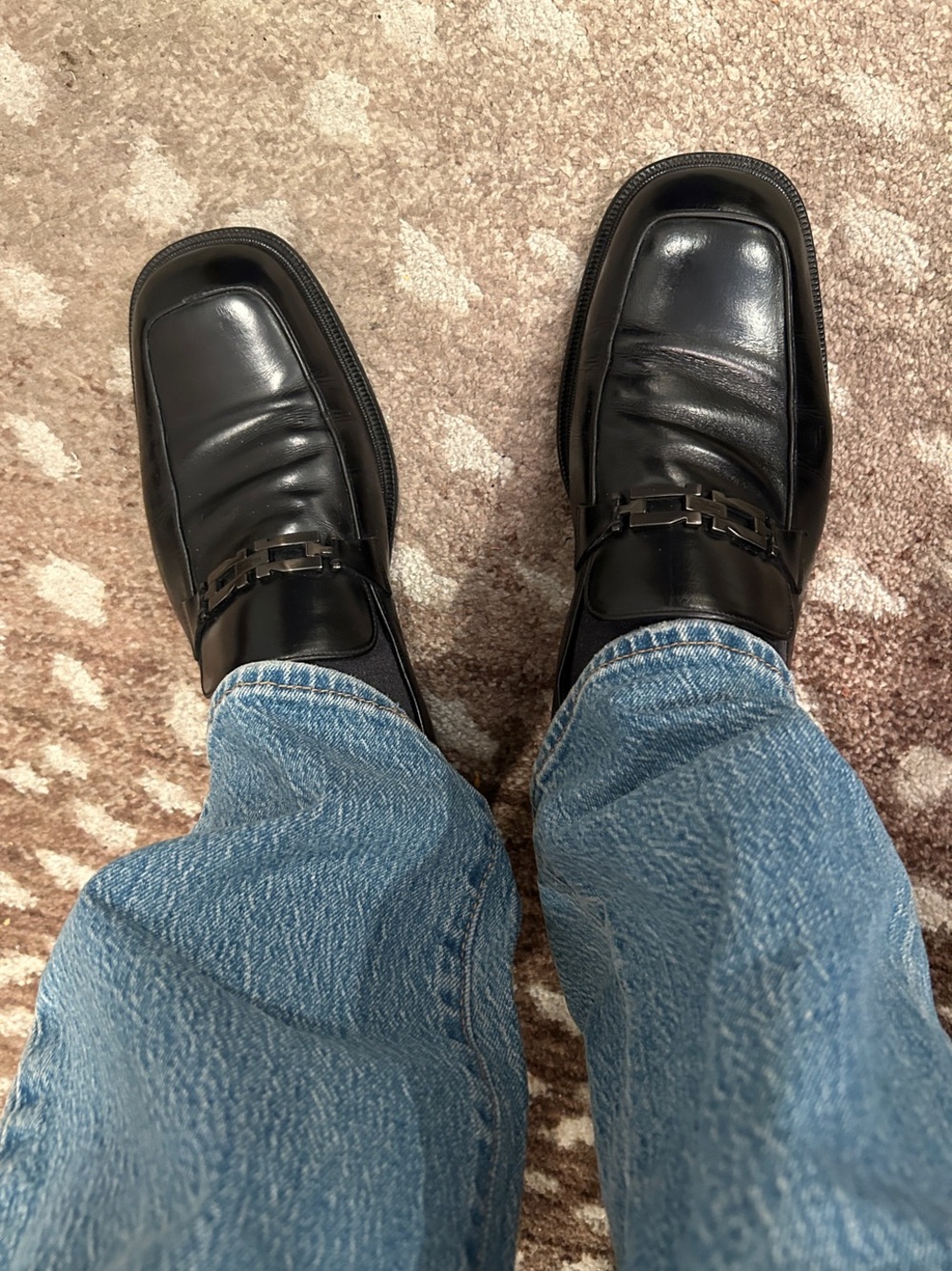 Men's Ferragamo Black Leather Slip-On Dress Loafers square metal bit